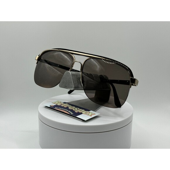 Vintage NOS Oversize Eyeglasses Double Bar Style Glasses Grey Lens Black & Gold - Picture 4 of 6